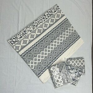 Navy blue and cream bohemian style curtains. Rod pocket, blackout. 4 panels..